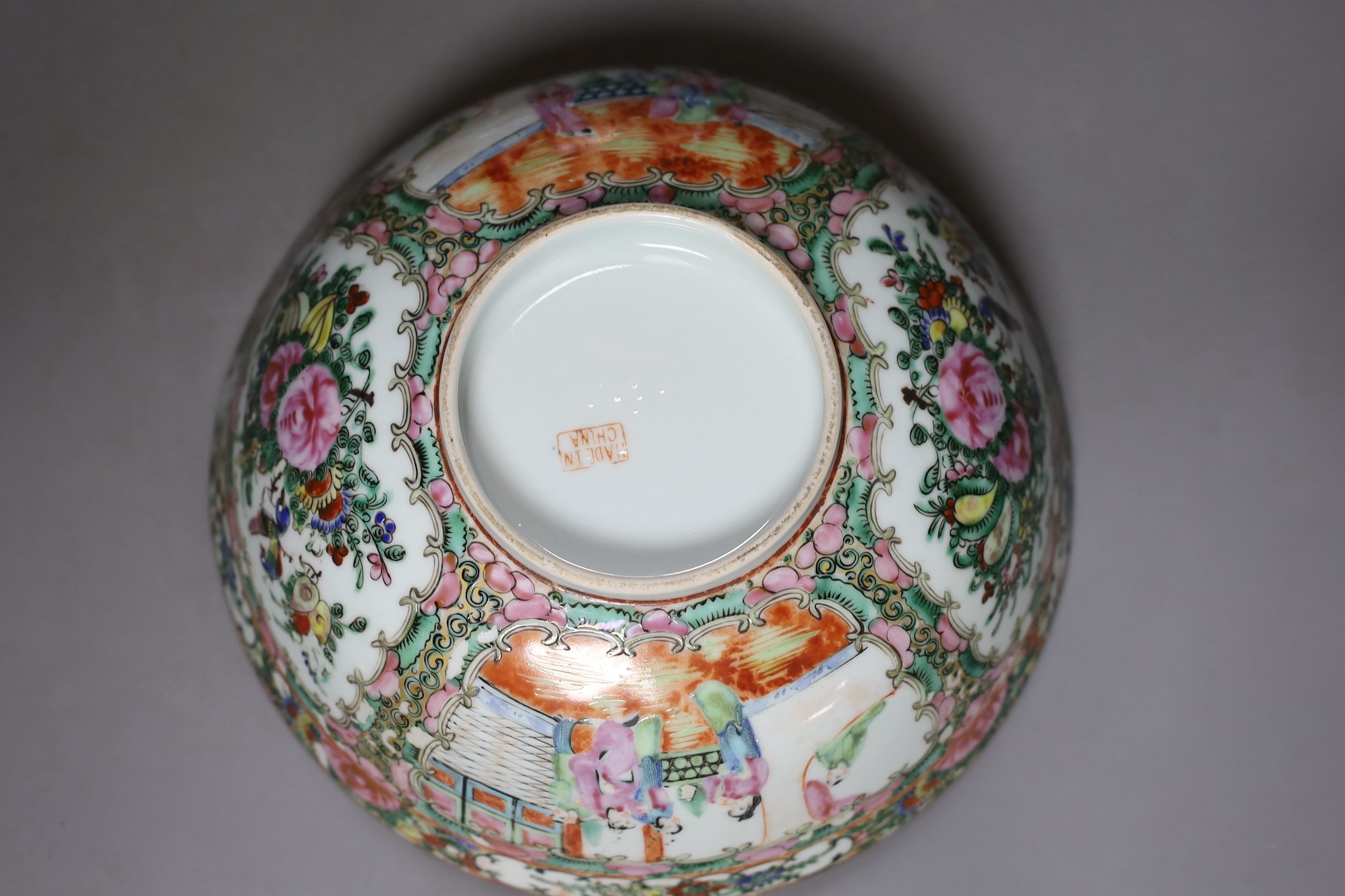 A late 19th century Cantonese famille rose bowl, a Royal Winton lustreware, diameter 26cm, together with a Japanese Satsuma twin handled vase, 20.5cm tall